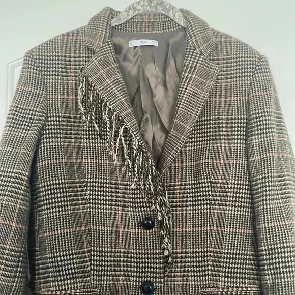 Mango Wool Blend Fringe Plaid Blazer Sz S - Picture 7 of 11